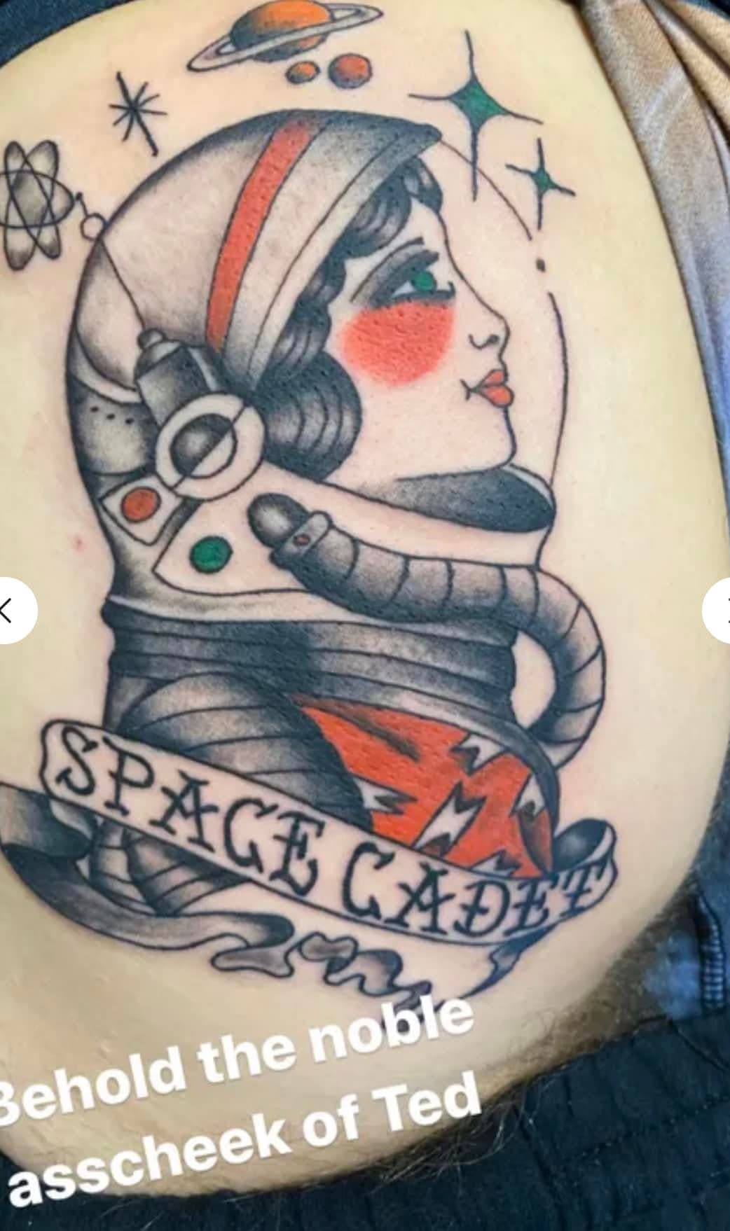 Neo trad astronaut on Ted's asscheek — tattoo by @sean_e_bones